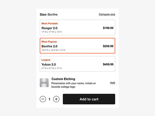Product detail page redesign, fire pit variants side by side